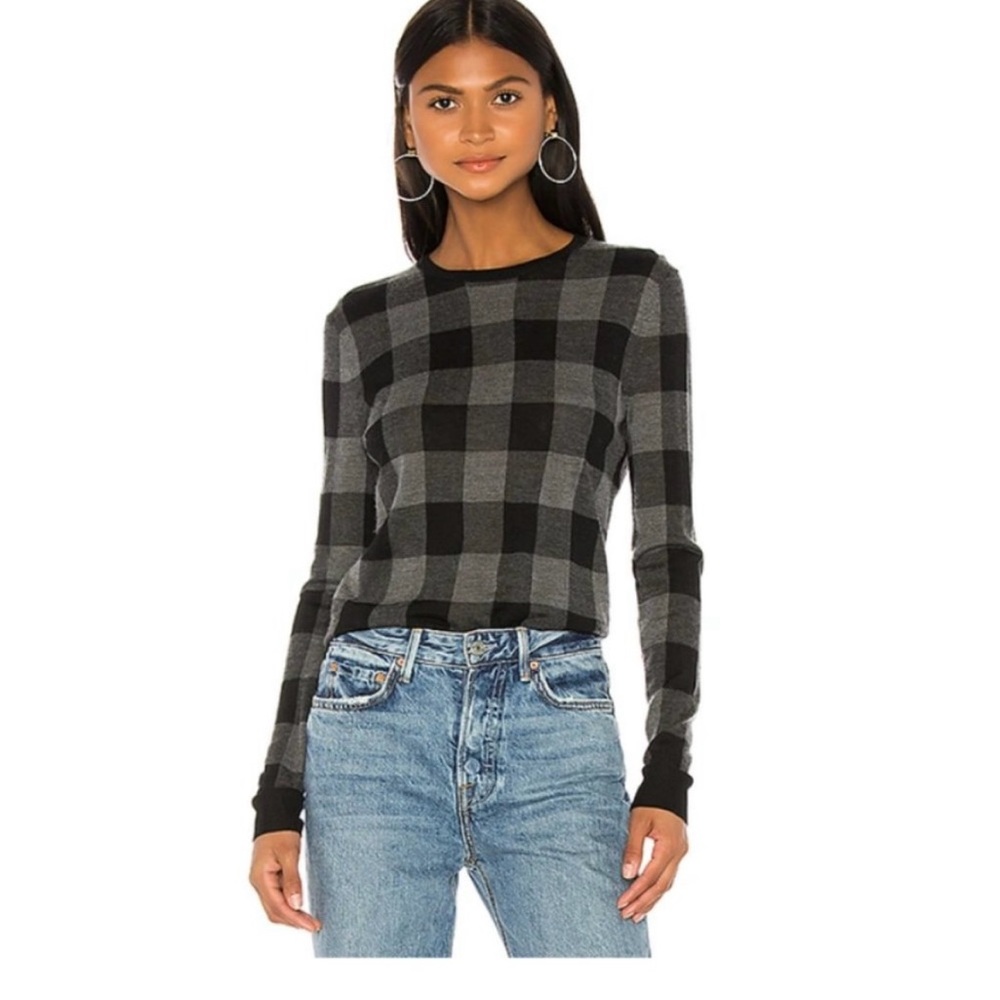 NWT - Theory plaid check crew silken knit sweater in black and gray